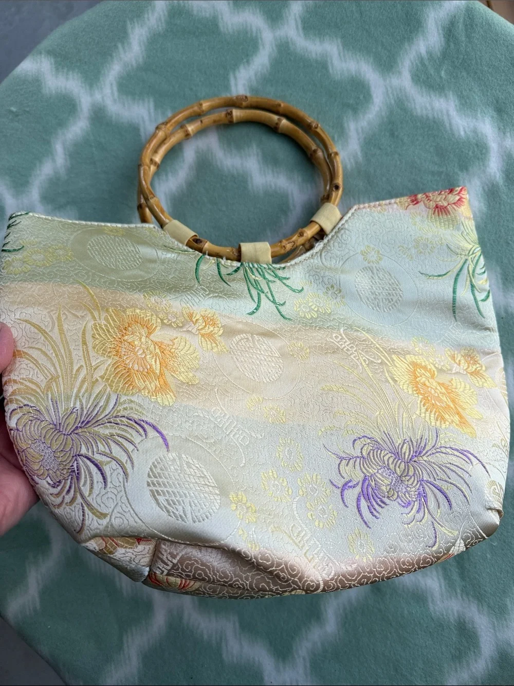 Satin Floral Bamboo-Handle Tote Bag in Ivory and Pastel Asian Auspicious Symbols